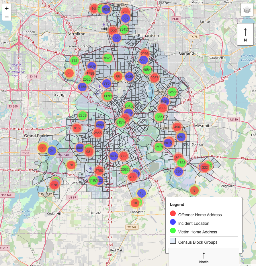 Map of offender, victim, and incident location clusters across Dallas