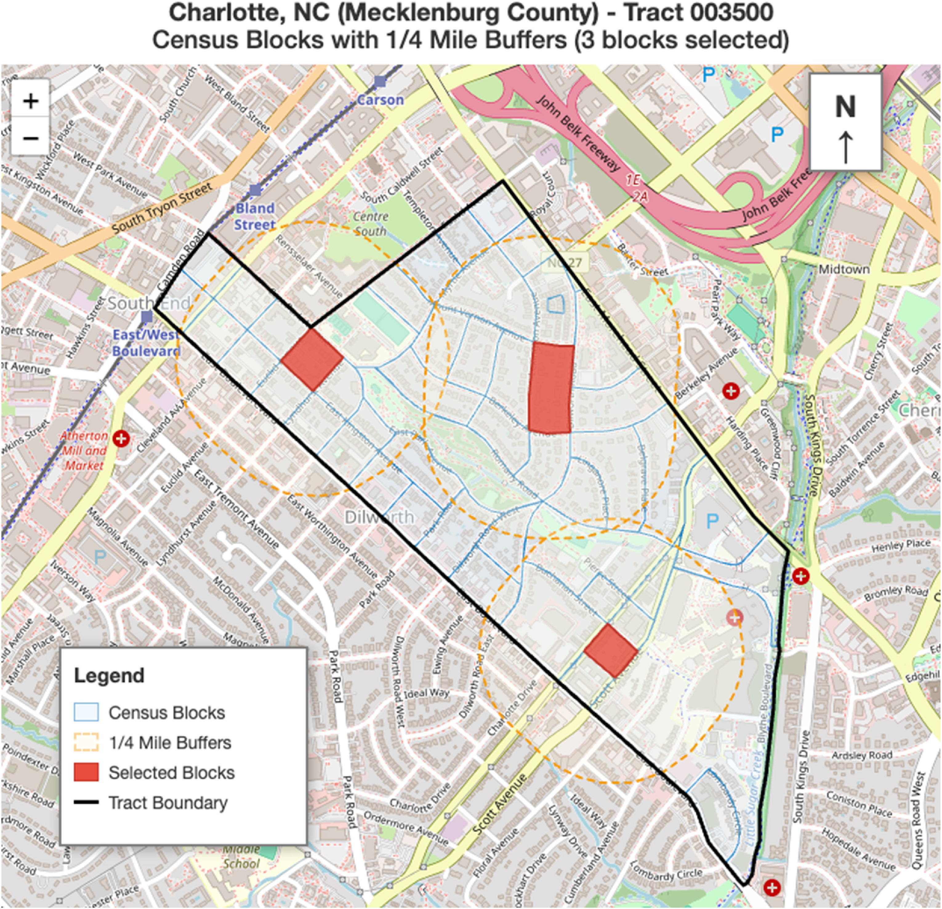 Map showing ¼ mile buffers around three random blocks in a census tract